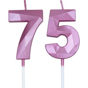 75th & 57th Birthday Candles for Cake, Pink Number 75 57 3D Diamond Shaped Candle Birthday Decorations Party Supplies for Women or Men