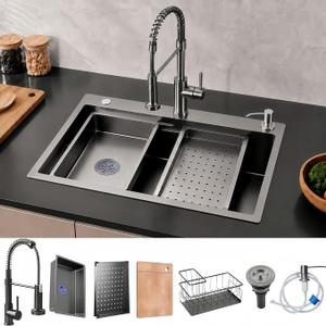 Black Drop-in Kitchen Sink: 30in Workstation Deep Single Bowl& Accessories