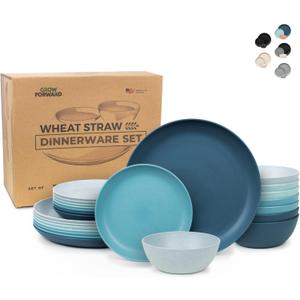 Grow Forward 24-piece Premium Wheat Straw Dinnerware Sets for 8 - Unbreakable Dishwasher & Microwave Safe Plastic Plates and Bowls Sets - Patio, Outdoors, RV, Camping Dishes - Seascape