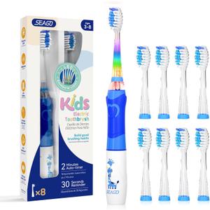SEAGO Kids Electric Toothbrush with 2 Mins Brushing Timer and 8 Replacement Brush Heads,Rainbow LED Light Makes Brushing Fun, Battery Powered Toothbrush for Boys & Girls Ages 3-6-8 Years Old,Blue