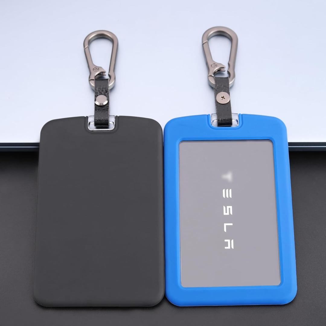 TANDRIVE 2PCS Silicone Key Card Holder Case Compatible with Tesla Model 3 Model Y Cybertruck and RivianKey Protector Cover Accessories Including Key Chain, Black and Blue