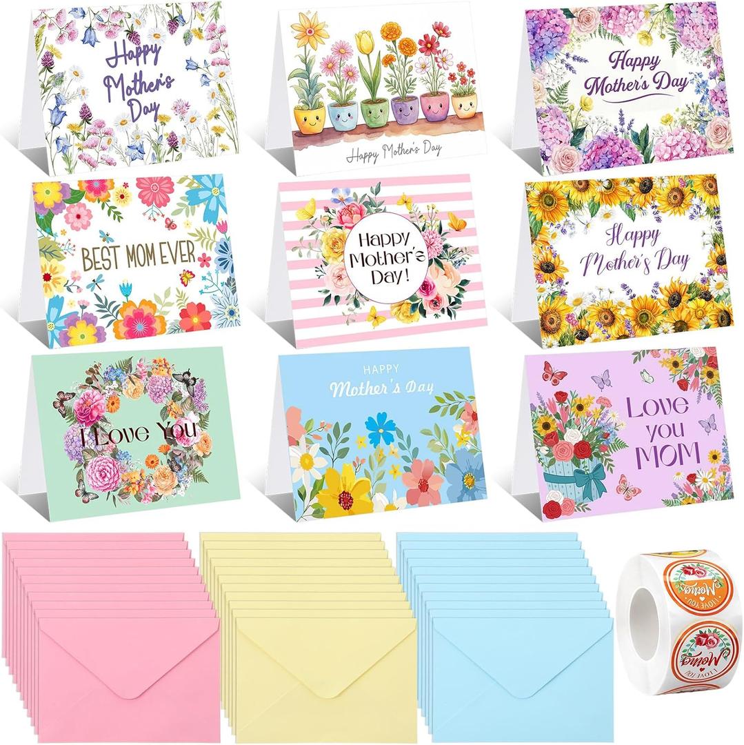 Resurhang 108 Set Mothers Day Cards with Envelopes Floral Mother's Day Gift Cards Blank Inside with Colorful Stickers Envelopes Mother Wishes Card Gifts for Mom Wife Greeting