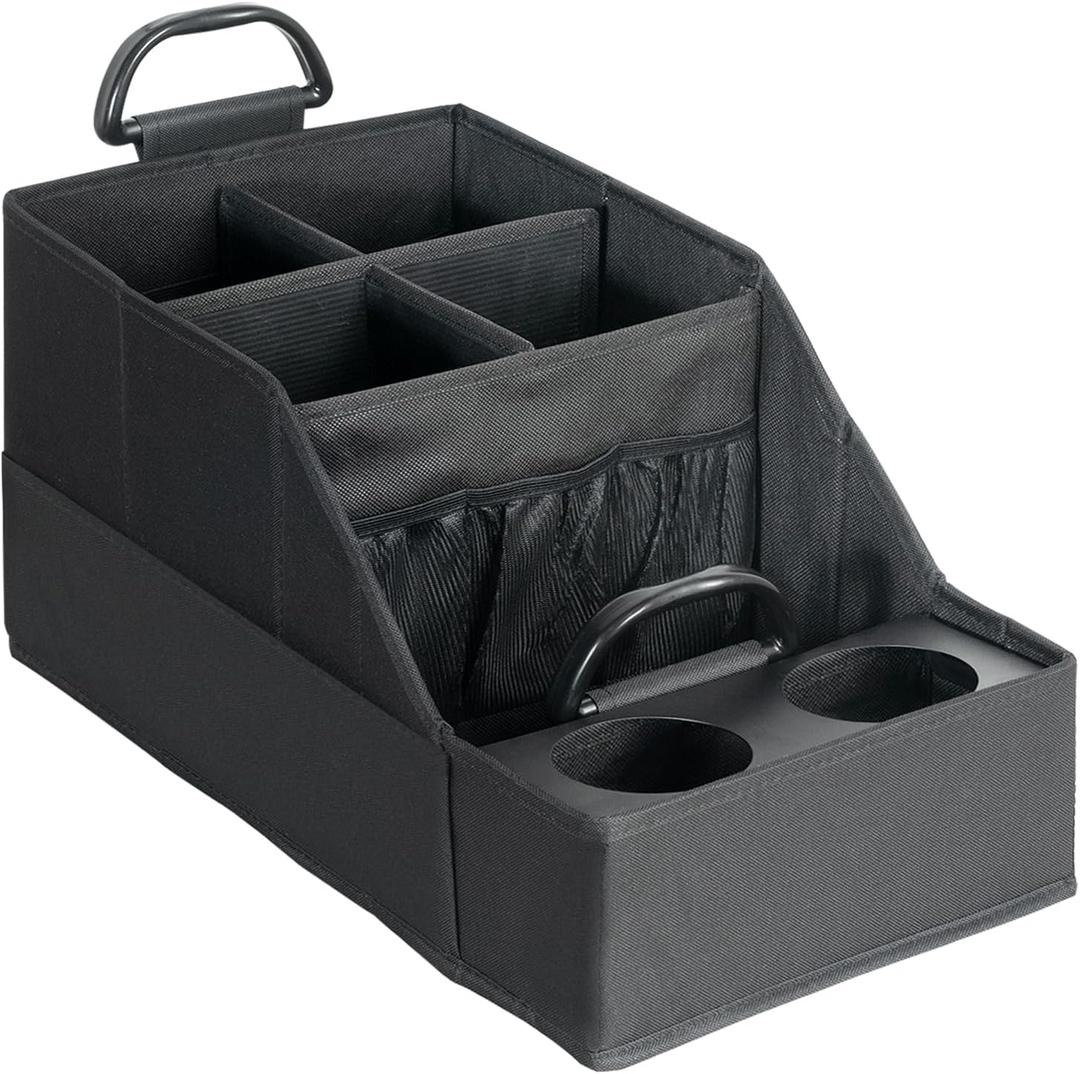 FLYBOX Car Seat Organizer Backseat Car Organizer with 12 Storages Compartments and 2 Metal Cup Holders,Storage Box for Front Back Passenger Between Behind Middle Seats for Truck Trunk Van,Black