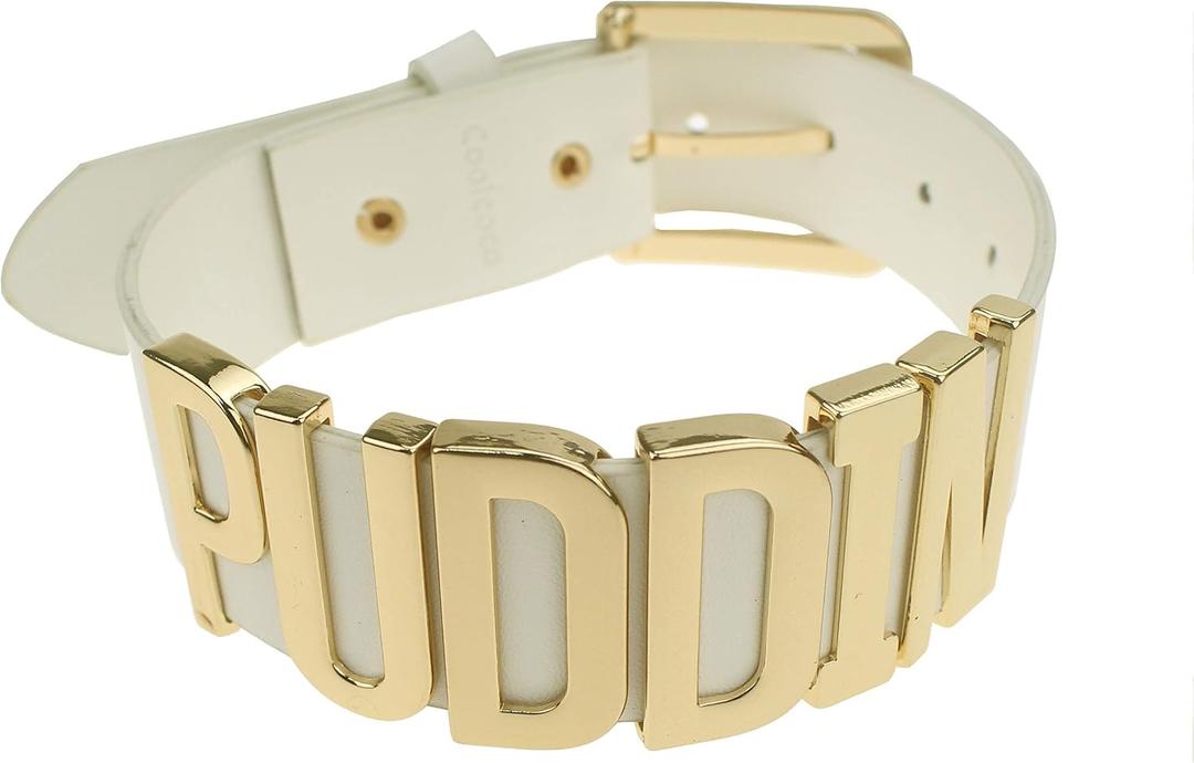Coolcoco Adjustable White Belt Letter Gold Puddin Choker Necklace Collar for Cosplay (About 1.2 Inch Width)