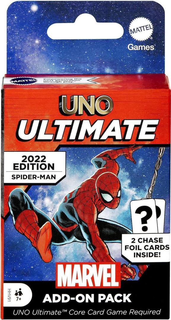 Mattel Games UNO Ultimate Marvel Card Game Add-On Pack with Spider-Man Character Deck & 2 Collectible Foil Cards, Gift for Collectors & Kids Ages 7 Years & Older