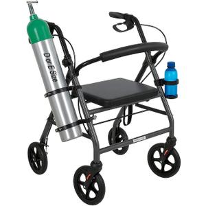 Oxygen Tank Holder for Walker and Rollator Fits D and E Cylinders for 1 inch to 1 1/8 inch 25 to 28.6 mm Tubes ONLY Steel Bracket with Secure Straps and Cup Holder Check Fit Before Purchase