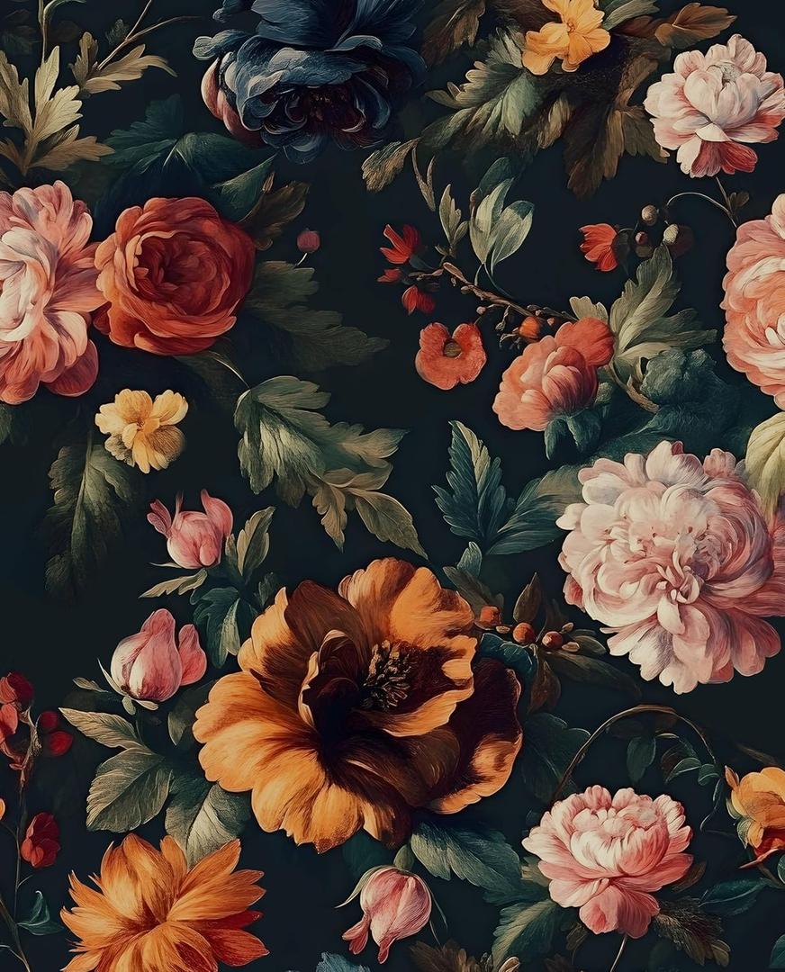 Colorful Floral Peel and Stick Wallpaper Gothic Dark Contact Paper Orange Flower Vintage Wall Mural for Bedroom Bathroom Vinyl Waterproof Self Adhesive Removable Renter Dorm Wall Paper 17.5" x 118"