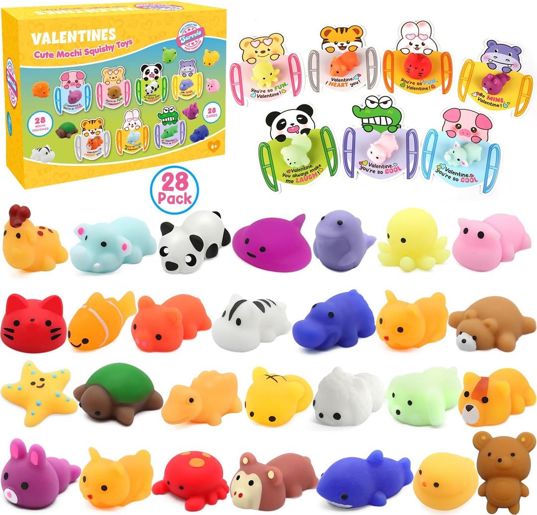 28 Pack Valentines Day Gifts for Kids School, Mochi Squishies with Greeting Cards Party Favor for Kids, Animals Squishies Stress Relief Fidget Toys Classroom Exchange Prizes Gifts