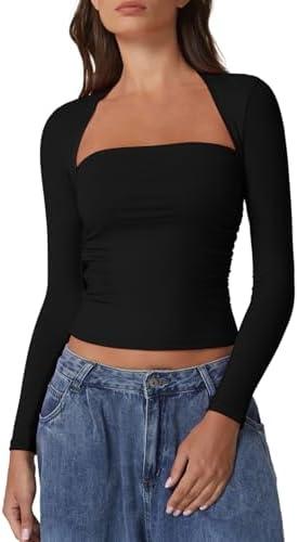 QINSEN Long Sleeve Square Neck Tops for Women Double Lined Side Ruching Going Out Shirts Basic Tee Medium