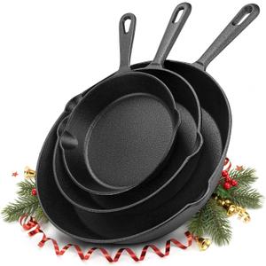 Utopia Kitchen Cast iron Skillets 3 Piece Set, Chefs Pan, Pre Seasoned Cast iron Skillets, 6, 8 & 10 Inches, Easy Use in the Oven, Stove, Grill, or Campfire, Black