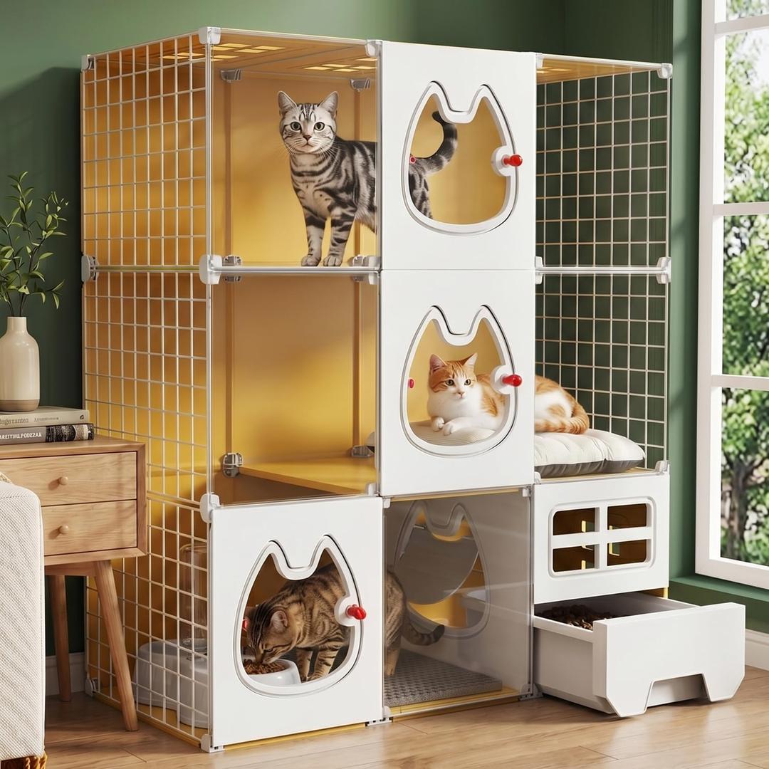 3 Tier Indoor Cat Cage with Litter Box, Cat Enclosure Clear Window