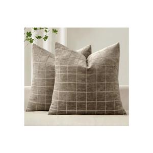 MIULEE Decorative Chenille Check Throw Pillow Covers Vintage Plaid Couch Pillows 20x20 Inch Set of 2 Neutral Boho Farmhouse Cushion Covers Modern Spring Home Decor for Sofa Bed Living Room Taupe Grey