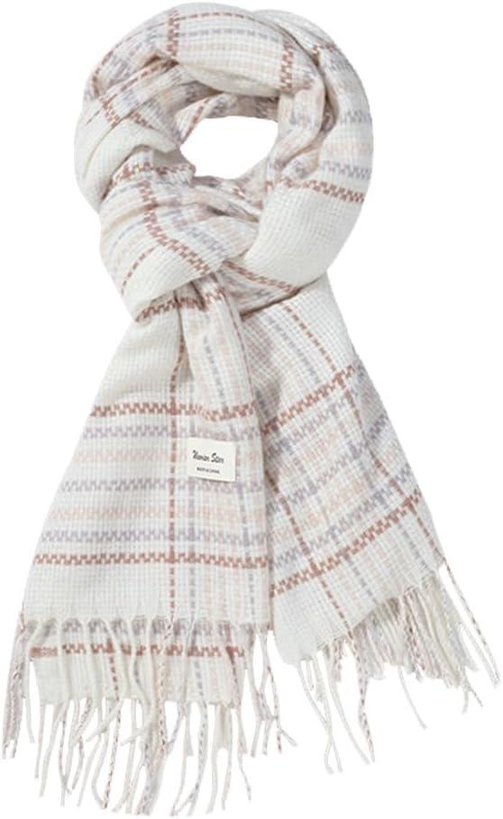 FGSS Unisex Classic Tartan Plaid Scarves Women Men Winter Warm Scarf - Soft Lightweight Faux Cashmere Check Fringe Wrap (White & Striped Grid)