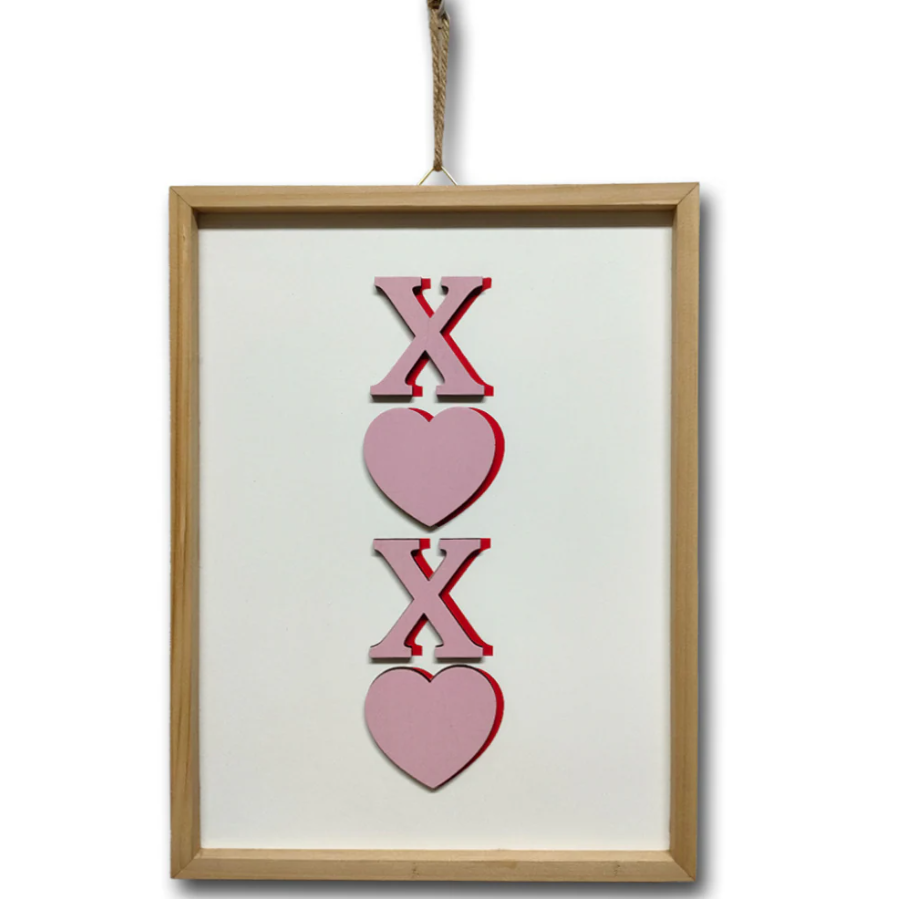 Set of 3, BE MINE Heart Wall Art Set – Elegant Framed Prints with Red and Pink Hanging Hearts, Perfect for Valentine's Day Home Decor & Holiday Home 8-Inch Block Sign - XOXO - 1 ct