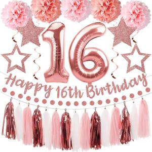 Kuxriox 13Pcs 16th Birthday Decorations for Girls, Pink Rose Gold Happy 16th Birthday Banner and Balloons, Glittery 16 Year Old Bday Tissue Pompoms, Circle Dots Garland, Tassel Garland Party Supplies