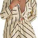 Tankaneo Womens Striped 2 Piece Outfits Button Down Shirts and Shorts Lounge Matching Sets (Beige, L)