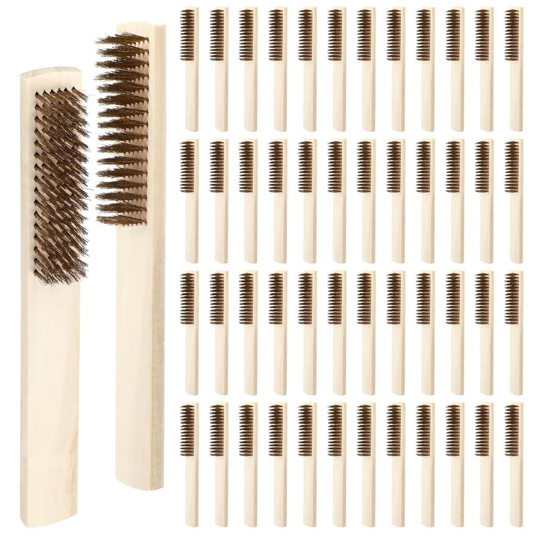 50 Pcs Brass Wire Brushes Bulk 8 Inch Wooden Handle Brass Plated Bristle Wire Brush for Cleaning Metal Rust, Welding Slag, Rust Removal, Industry, Home and Kitchen