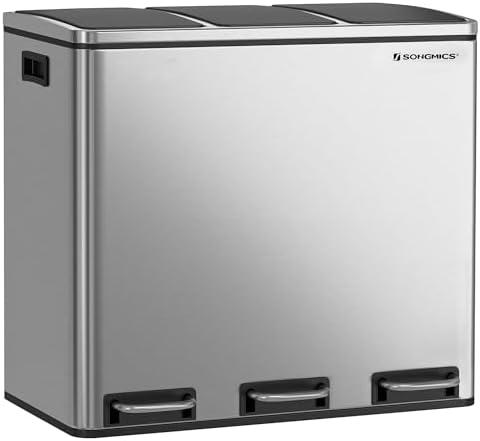 SONGMICS Trash Can, 3 x 4.8 Gallon Garbage Can, 14.4 Gallon Recycle Bin with Soft-Close Lids, Pedals, and Inner Buckets for Kitchen, Stainless Steel, Silver and Black ULTB54NL