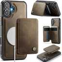 Compatible with Magsafe for iPhone 16 Wallet Case Magnetic Card Holder, RFID Blocking 2 in 1 Detachable Kickstand Shockproof Case for Women Men, Brown