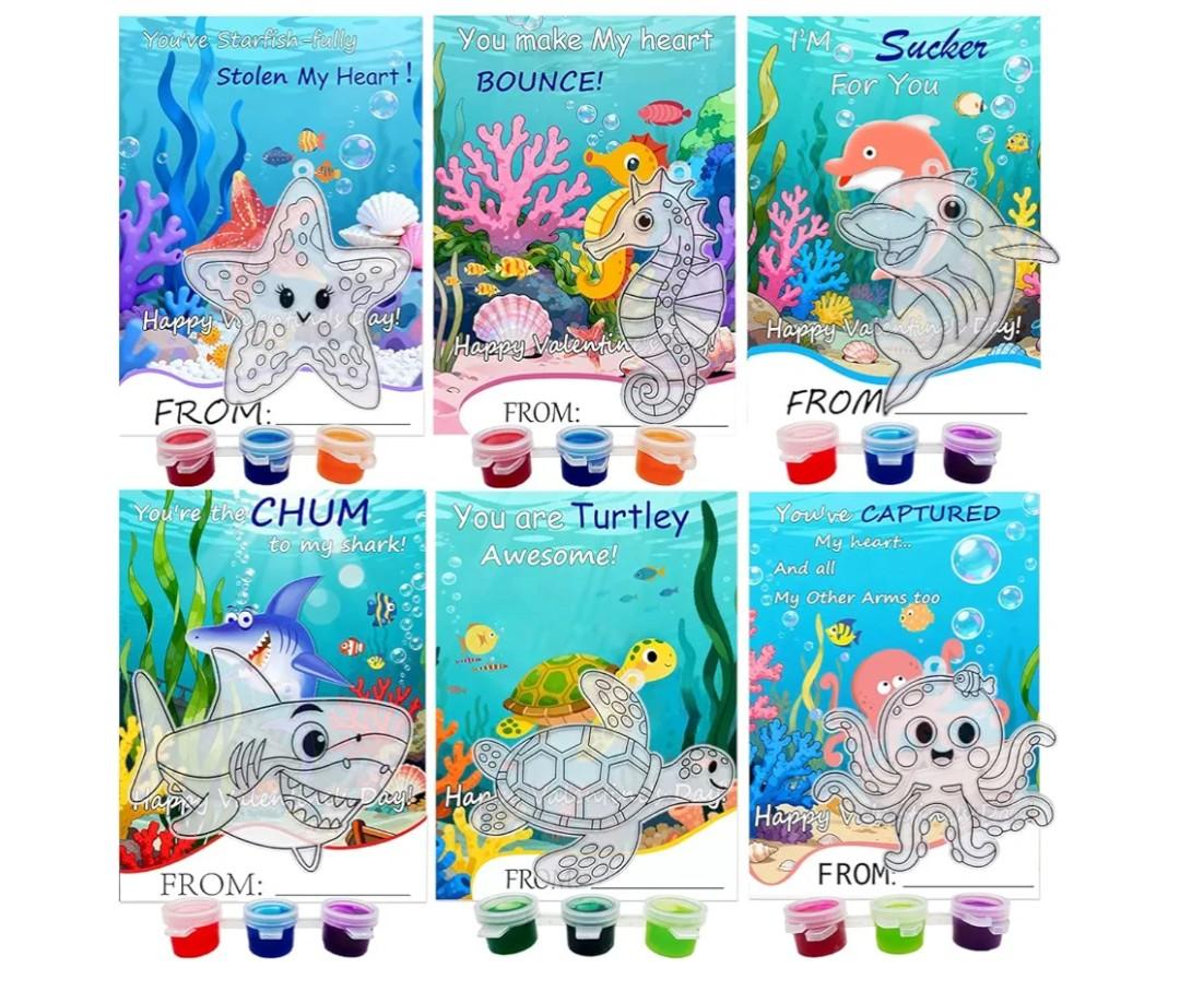 AUEKIV 30Sets Valentines Day Cards with Ocean Animal Suncatcher Kit Sea Animals Suncatchers DIY Window Art Paint Craft Kits Under The Sea Sun Catchers for Valentine's Day Party Gift Exchange