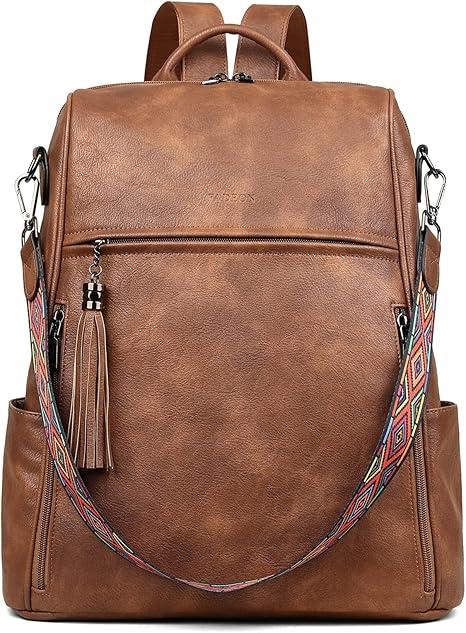 FADEON Leather Laptop Backpack for Women Designer 15.6 inch PU Laptop Bag, Ladies Travel Computer Work Backpack Brown