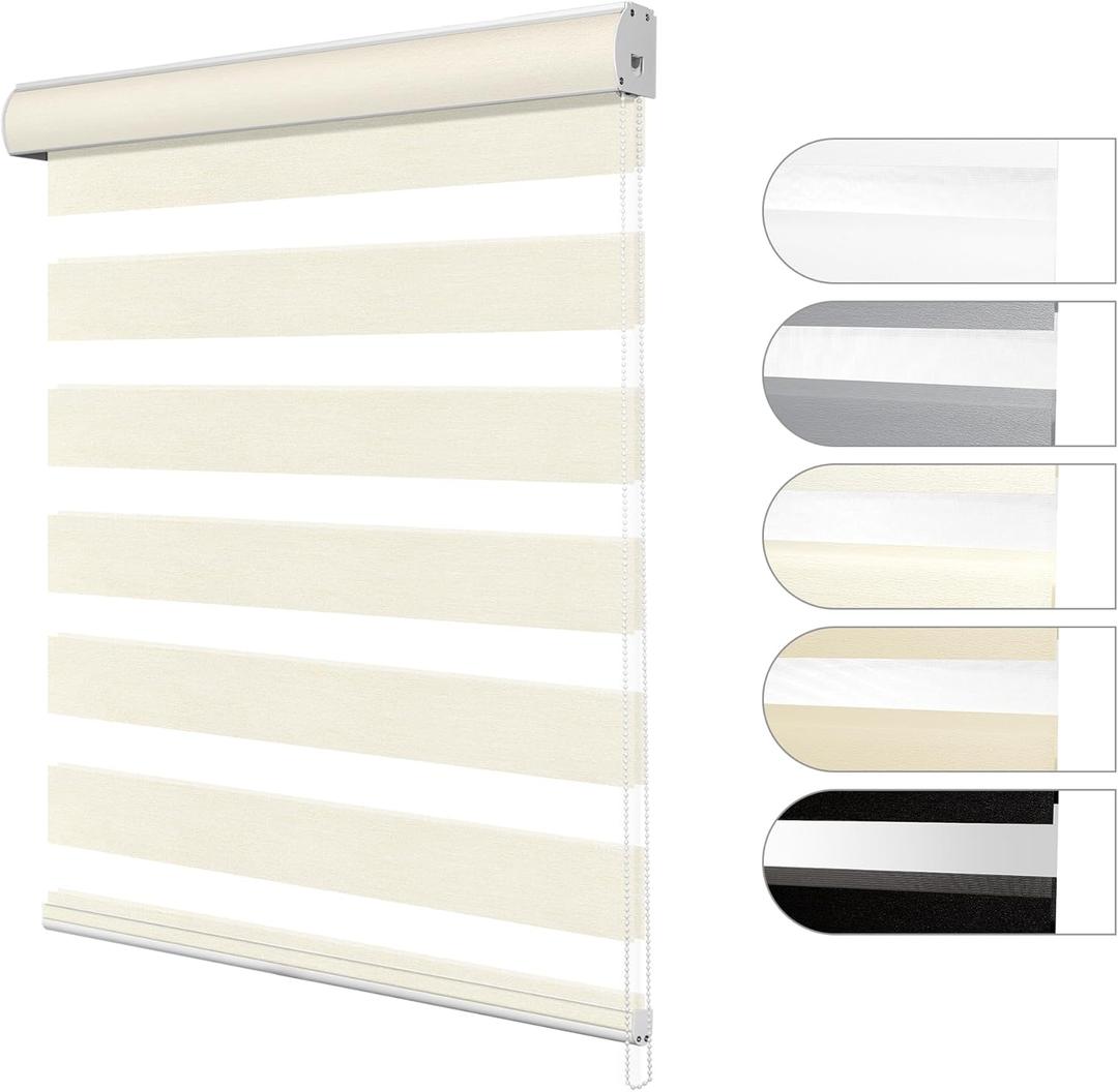 Zebra Blinds for Windows Custom Size Light Filtering Roller Shades Privacy Dual Light Control Dual Layer Easy to Install for Home, Beige, 18" W x 48" H