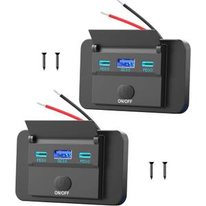 2 Pack 12V USB Outlet Surface Mount Lightweight, Dual USB C 30W and QC 18W Car USB Port 12 Volt USB Cigarette Lighter Replacement Charger Socket Panel with Button Switch for RV Bus Marine Motorcycle