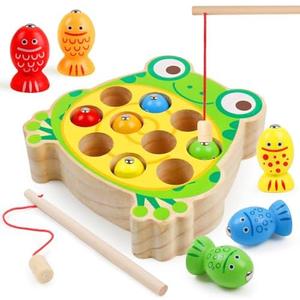 NAODONGLI Magnetic Wooden Fishing Game Toys for Toddlers,Wooden Frog Magnets Fishing Learning Color Sorting Puzzle Montessori Preschool Educational Fine Motor Skills for 3 4 5 Years Old Boys Girls