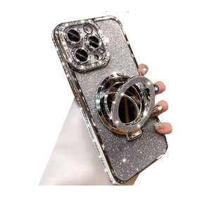 Magnetic Kickstand Glitter Case for iPhone 14 Pro Max,[Compatible with Magsafe] Bling Sparkly Rhinestones with Camera Protector & Makeup Mirror Women Girls Case for iPhone 14 Pro Max (Silver)