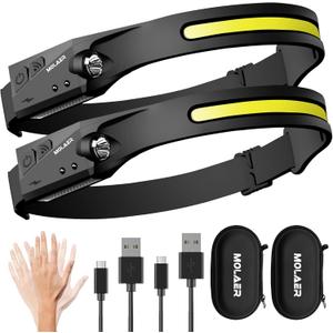 LED Headlamp Rechargeable Flashlight, 2-Pack 230 Wide Beam Headlight with Motion Sensor, Lightweight, Weatherproof, 2 Light Source Head Lamp for Camping Hiking Running Outdoor - Adults and Kids
