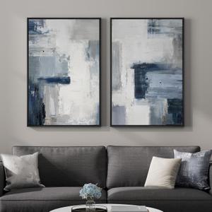Framed Blue Gray Abstract Wall Art Set of 2, Modern Circle Line Canvas Artwork for Walls, Contemporary Abstract Paintings Prints for Living Room Bedroom Office Hallway Wall Decor, 24x36 In, 24" W x 36" H x 2Pcs