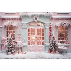 10x8ft Pink Christmas Decorations Backdrop Wonderland Winter Xmas Pink Candy Castle Christmas Tree Background Sweet Candy Cottage Snow Snowflake New Year Birthday Banner Photo Booth