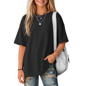 Yooo's Vivi Girls Oversized T Shirts Short Sleeve Crewneck Kids Summer Tops Teen Casual Basic Tees 5-14 Years(11-12 Years,Black)