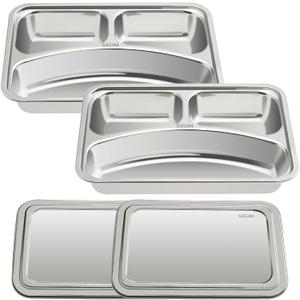 VENTION Child Stainless Steel Rectangular Divided Plates, 3 Sections Dinner Plates, Serving Tray with Lid Set of 2