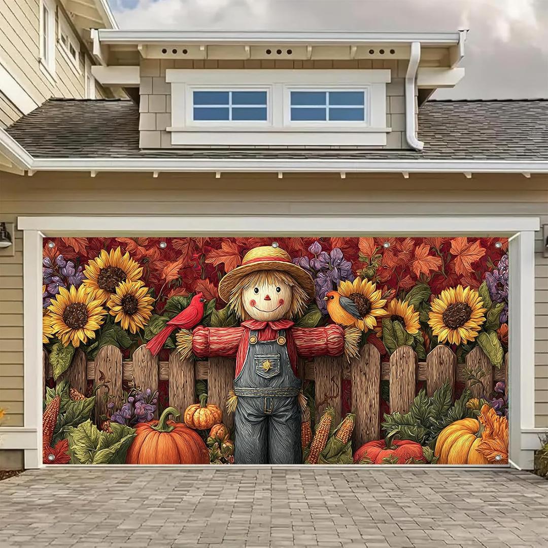 6x13ft Fall Harvest Garage Door Banner Scarecrow Sunflowers Pumpkins Corn Fence Rustic Farmhouse Wall Mural Outdoor Indoor Photo Background Decor Seasonal Party Decorations