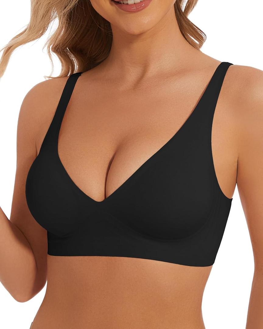 Deep V Bra Low Cut Sexy Push Up Bralettes for Women Padded Comfy Smoothing Wireless Lifting Bras Seamless Bralette (Large, Black)