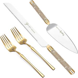 ROXBURGH Wedding Cake Knife and Server Set, 420 Stainless Steel Gold Cake Cutter and Pie Server Slicer, Rhinestones Studded Handle Cutting Set for Wedding, Engagement Present for Groom and Bride