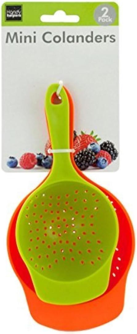 Mini Colanders Set 2 Plastic Pack Kitchen Mesh Food Strainers Colander Handles Red Lime Green 6.5 and 7.5 Inch Strainer For Pasta Vegetables and Fruits
