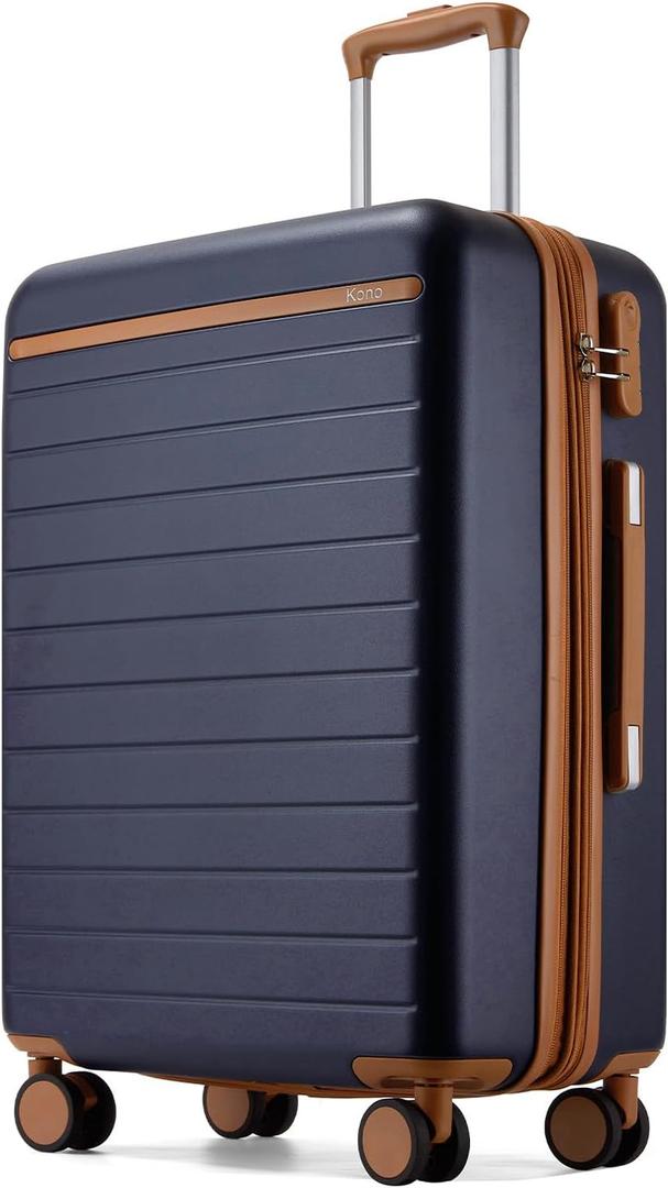 Kono 24 Inch Check In Suitcase Expandable Luggage, Business Travel Suitcase for 5-7 Days, Durable ABS+PC Hardshell with Side Handles & Kick Plates, Double Spinner Silent Wheels, Navy/Brown
