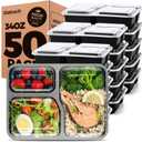 Glotoch 50 Pack (100-Piece) 34oz Meal Prep Containers Reusable with Lids 3-Compartment Containers Microwave, Freezer, Dishwasher Safe - Leakproof Durable To Go Take Out Plastic Food Storage
