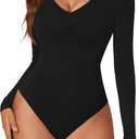 KIFOVEN Women's Sexy Deep V Neck Long Sleeve Bodysuit Double Lined Ribbed Knit Going Out Tops Thong Body Suits Jumpsuit (Black) XL