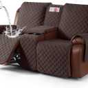 KinCam 100% Waterproof Recliner Loveseat Cover with Console, Non-Slip Reclining Couch Covers for 2 Seat, Recliner Sofa Cover Furniture Protector with Elastic Straps for Kids, Pets, Chocolate