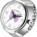 Lancardo Ring Watch for Women Elastic Band Butterfly Arabic Numerals Dial Quartz Movement Bling Silver Tone Finger Watch