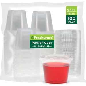 Freshware Plastic Portion Cups with Lids [5.5 Ounce, 100 Sets] Souffle Cups, Jello Shot Cups, Condiment Sauce Containers For Sampling, Sauce, Snack or Dressing