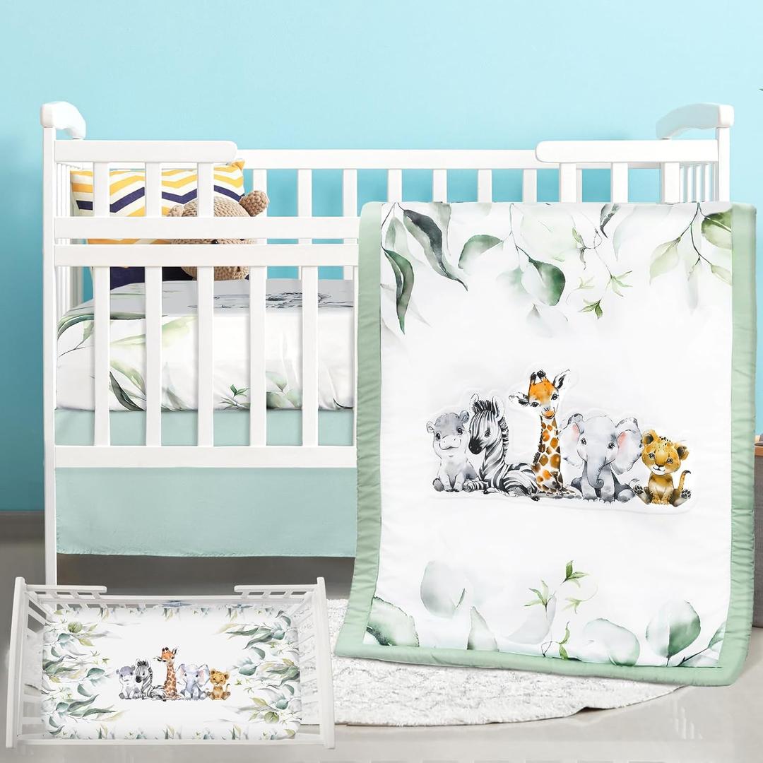3 Pcs Baby Crib Bedding Set Safari Animals Dinosaurs Bear Woodland Animals Jungle Crib Set Includes Quilt, Fitted Sheet, Skirt for Baby Boy Girl (Light Blue, Safari)
