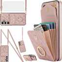 Asuwish Phone Case for Samsung Galaxy S24 Plus S24+ 5G Wallet Cover with Tempered Glass Screen Protector and Wrist Strap Ring RFID Blocking Card Holder Cell S24plus 24S + S 24 24+ Women Men Rose Gold