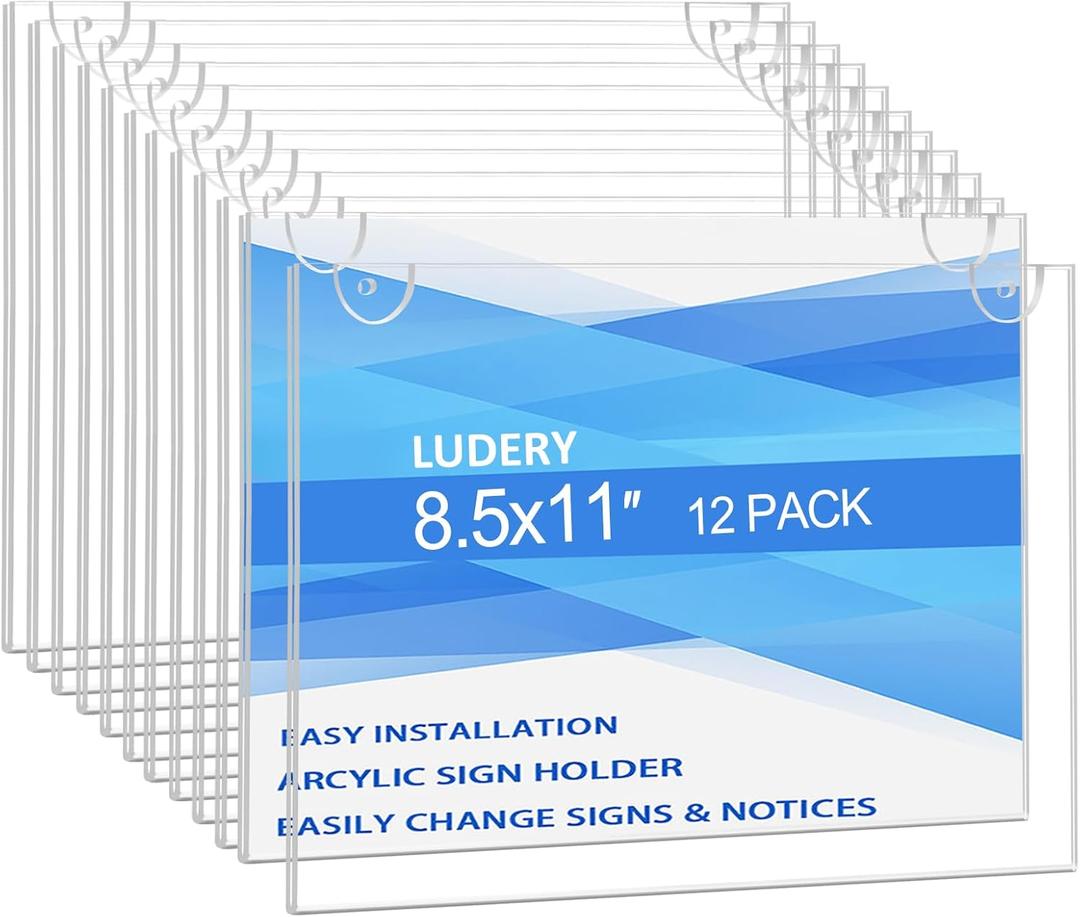 Acrylic Sign Holder 8.5 x 11 Horizontal, Wall Mount Document Holder, Clear Plastic Picture Frame with Tape Adhesive and Screws for Office, Home, Store, Restaurant - 12 Pack