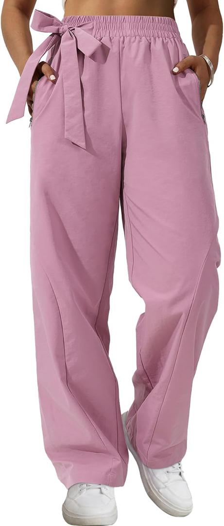 Women's Wide Leg Pants Y2K Trendy Elastic Waist Track Pants Baggy Tie Knot Trousers with Zipper Pockets Streetwear Casual (M)