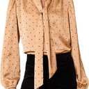 Womens Diamond Shadow Tie V-Neck Popover Top Long Sleeve Shirt Casual Golden Blouse (M)