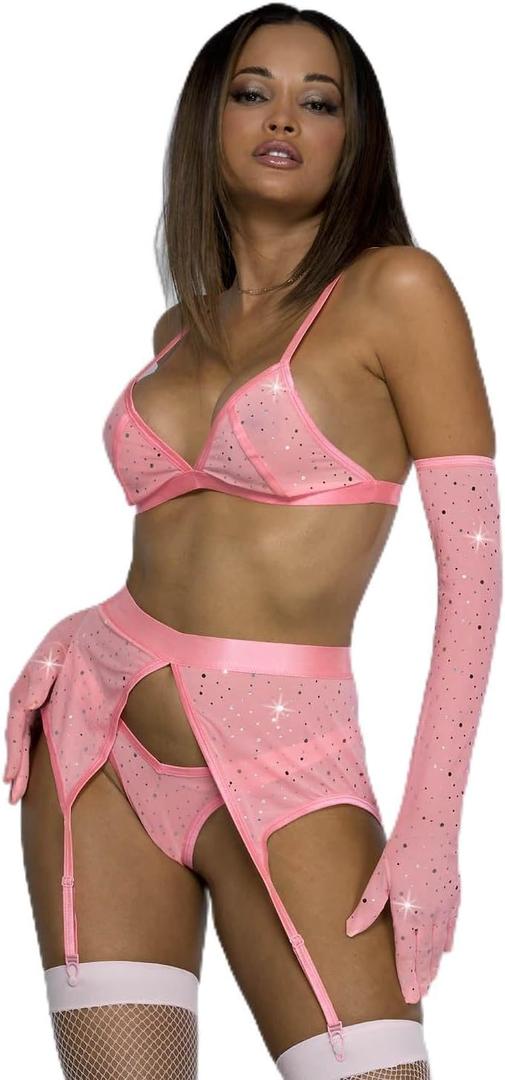 MUSIC LEGS Pink Triangle Sparkle Bralette with Matching Gloves, Panties and Garter Belt Set, Medium (Pink, M)